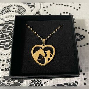 🌸 NEW Gold Heart silhouette of horse and rider Pendant  Necklace